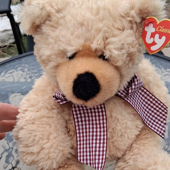 TY Classic Beige Plush Teddy Bear with Checkered Bow - Picture 5 of 8